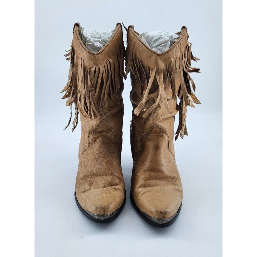 Dingo Women's Pull On Fringe Studded Western Cowgirl Boots Tan Leather Size 6.5M - Picture 2 of 10